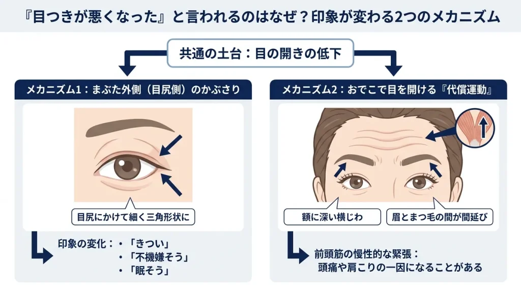 目つきの印象が変わる2つのメカニズム。まぶた外側のかぶさりで三角形に見える流れと、おでこで代償して眉が上がる流れを示した図