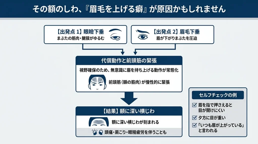 その額のしわ、「眉毛を上げる癖」が原因かもしれません