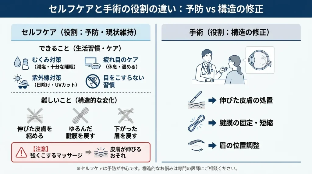 セルフケアでできること（予防）とできないこと（構造の変化）を左右で対比した図