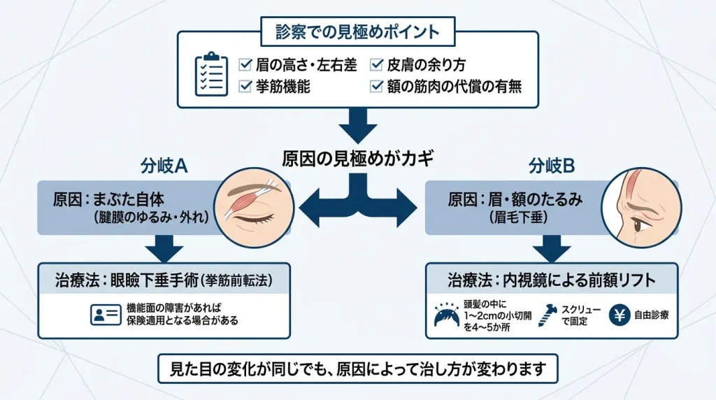 診察で原因を見極め、まぶたが原因なら眼瞼下垂手術、眉・額が原因なら前額リフト、両方が原因なら同時または段階的にへ分かれることを示した図