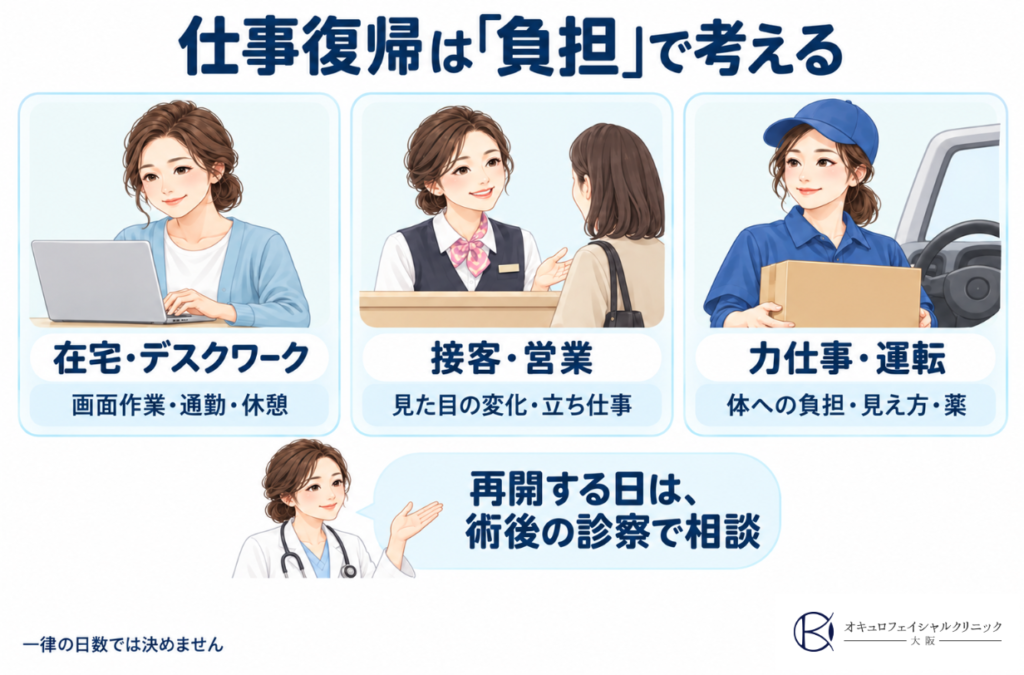 前額リフト後の仕事別の復帰の目安について