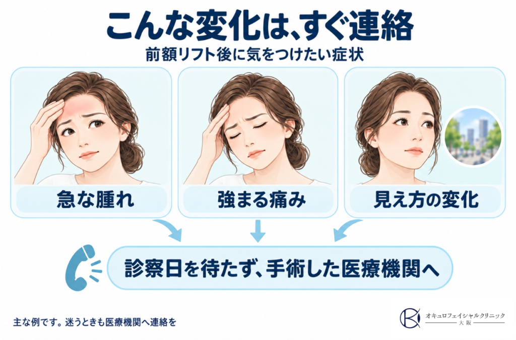前額リフト後に起きたら病院にすぐに連絡する症状